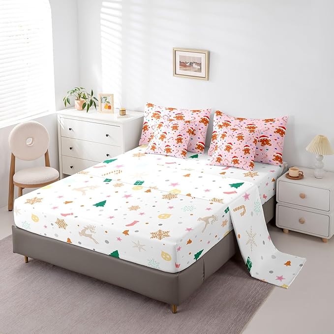Feelyou Christmas Pink Bed in a Bag Cartoon Christmas Gingerbread Man Comforter Set with Sheets Xmas Theme Bedding Set for Kids Boys Girls Stars Candy Bed Set Decor King Size