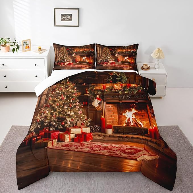 Vintage Xmas Comforter Set - Twin Size, Merry Christmas Tree Bedding Set for Kids, 2Pcs Pine Tree Luxury Duvet Insert, 1 Pillowcase