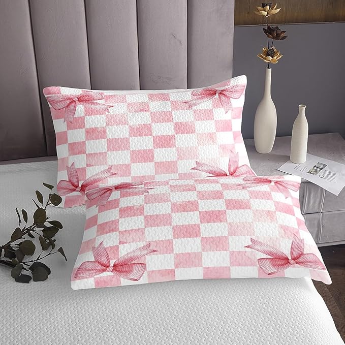 Pink Bowknot Kids Bedspread Queen Size,Geometric Grid Checkered Patchwork Fashion Coverlet Set,Girls Women Room Decor,Bow Tie Knot Princess Quilted Coverlet,Chic Unique Bedding Quilt,2 Pillowcases