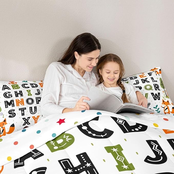 Feelyou Educational Nursery Art Comforter Set Queen Size Alphabet Kids ABC Learning Bedding Set for Kids Boys Girls Cute Fox Duvet Quilt Woodland Animals Bedroom Decor 3 Pcs with 2 Pillow Cases
