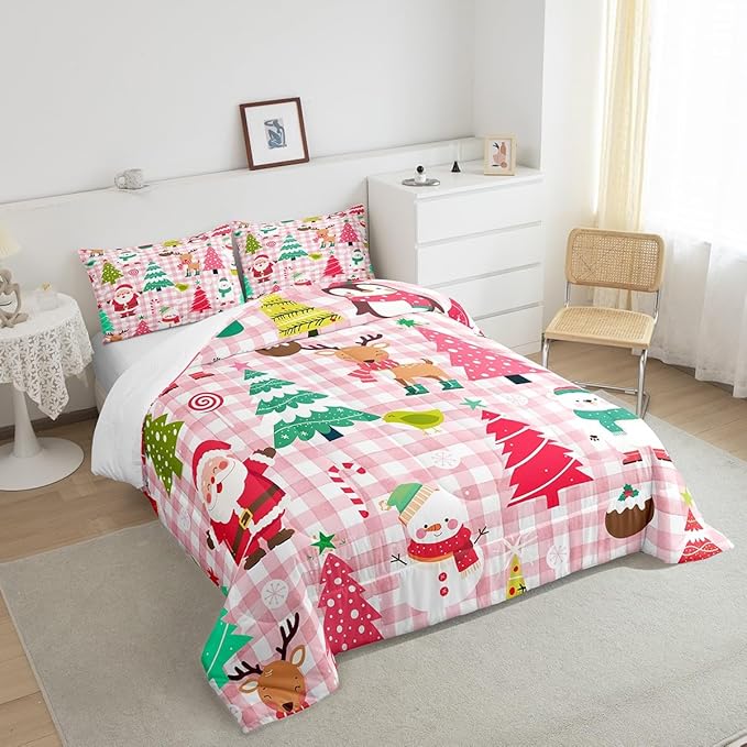 Castle Fairy Merry Christmas Kids Comforter Set Twin Size,Cartoon Xmas Style Cute Animals Bedding Set for Kids Boys Men,Santa Claus Pine Trees Pink Checkered Quilted Duvet Set with 1 Pillowcase