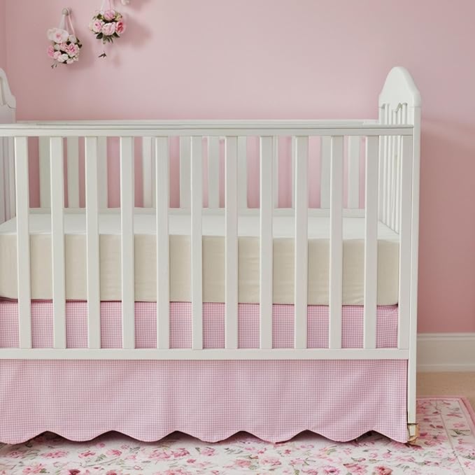 Brandream Scallop Edge Cotton Crib Skirt, Baby Boy Girl Gender Neutral Crib Skirt Toddler Bedskirt Farmhouse Chic Plaid Nursery Crib Bed Skirt, Gingham Check Pink