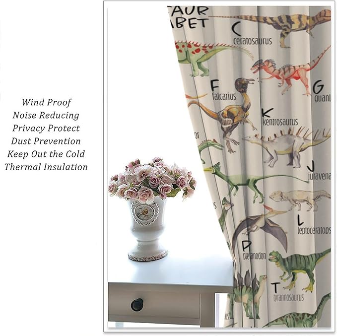 Dinosaur Curtains Cartoon Dino ABC Alphabet Pattern Educational Learning Theme Curtain with Rod Pocket for Kids Nursery Playroom Bedroom Drapes Window Treatments 2 Panels Set 84" W X 84" L
