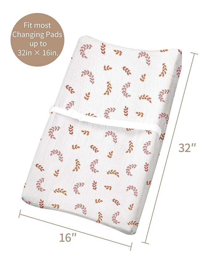 Changing Pad Cover for Baby Boy Girl 2 Pack, Muslin Changing Table Pad Covers with Boho Style, Neutral Nursery Bedding Essentials Soft and Breathable(Brick & Leaf)