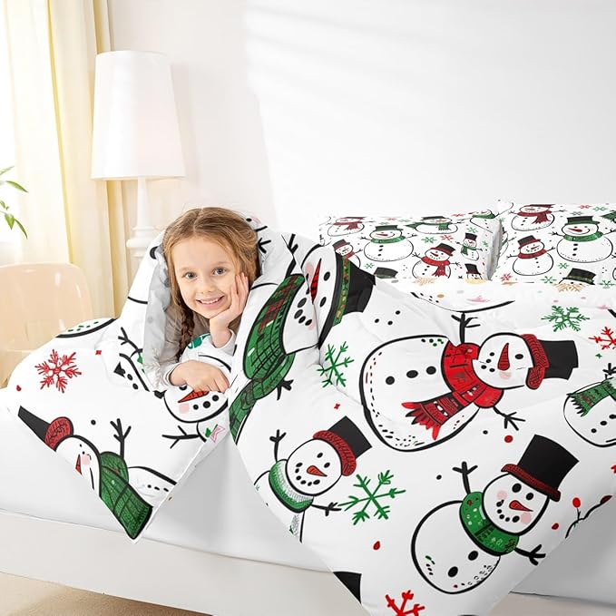 Feelyou Christmas Comforter Set All Season Snowman Bedding Set with 1 Pillow Cases Snowflake Microfiber Kids Toddler Bedclothes Bedroom Decor Duvet Quilt Breathable Soft Lightweight
