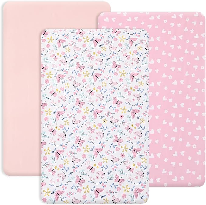 PHF 3 Pack Soft Mini Crib Sheets, Butterfly Pack N Play Sheets for Baby Girls, No Slip Universal Fit for Pack N Play, Playard, Portable and Mini Crib Mattresses, Butterfly