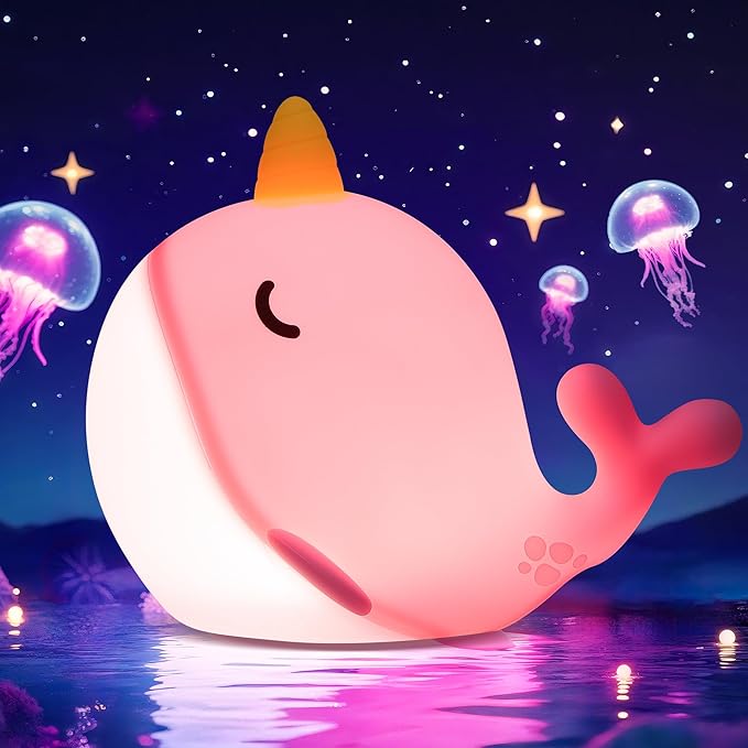 Ammonite Pink Narwhal Night Light, Soft Silicone Whale Nursery Lamp with 3 Dimming Levels and 30-Minute Timer, Touch Control Nightlight for Bedroom Decor, Christmas Birthday Gift
