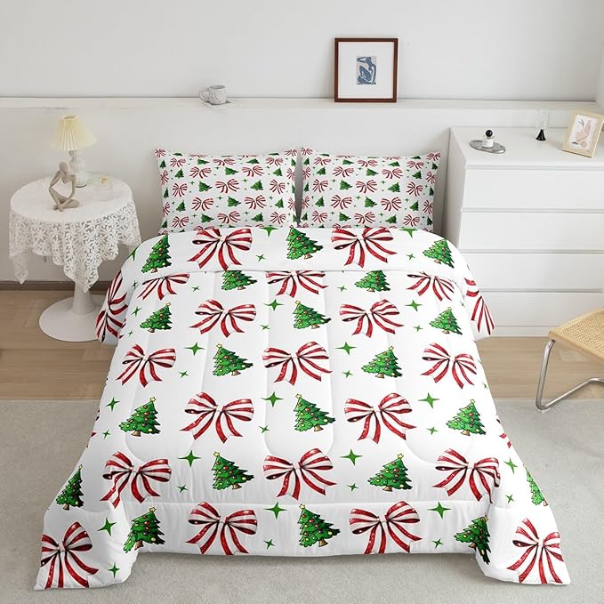 Manfei Merry Christmas Comforter Set Twin Size, Red Bow Green Tree Bedding Set 2pcs, New Year Theme Down Comforter for All Season, Kids Girls Room Decor, Lightweight Duvet Insert, 1 Pillowcase