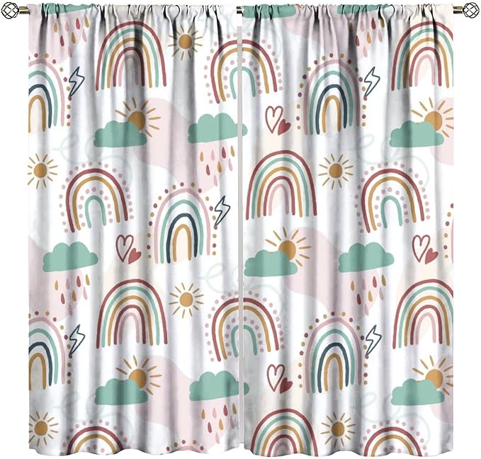 Kids Rainbow Curtains Boho Cartoon Colorful Stars Love Heart Lovely Abstract Art Pattern Print Window Drapes for Girl Bedroom Living Room Kitchen Decor,2 Panel Set,63Wx72H Inch Blackout