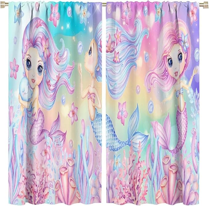 Cartoon Mermaid Kids Curtain Fantasy Ocean Theme Coral Flower Floral Window Treatment for Kids Girls Bedroom Nursery Room Decor Rod Pocket Blackout Window Drapes 84x84in