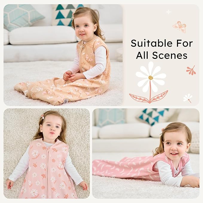 Baby Sleep Sack 0-6 Months, 100% Cotton Sleeping Sack for Newborn and Infant, 3 Pack Baby Wearable Blanket for Boy and Girl, 0.5 Tog Lightweight Double Zipper Sleep Bag Pink Orange Flower