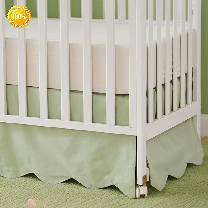Brandream Scallop Edge Cotton Crib Skirt Toddler Bedskirt Baby Nursery Crib Bed Skirt Gender Neutral Solid Color Light Green Farmhouse Chic Boho Bohemian Skirt