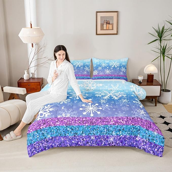 Feelyou Winter Snowflake Comforter Set All Season Glitter Print Bedding Set with 2 Pillow Cases Christmas Microfiber Kids King Bedclothes Holiday New Year Bedroom Decor Duvet Quilt Soft Lightweight