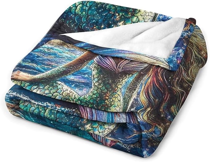 Mermaid Blanket Navy Mermaids Gifts for Girls Boys Woman Kids Ocean Mermaid Lover Coastal Throw Blankets Soft Blanket Warm Fleece Flannel Plush Blankets for Bed Sofa Couch 60"x80"