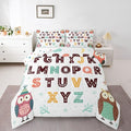 Feelyou Alphabet Kids ABC Learning Comforter Set Queen Size Cartoon Owls Bedding Set for Kids Boys Girls Educational Nursery Art Duvet Quilt Wildlife Bedroom Decor 3 Pcs with 2 Pillow Cases