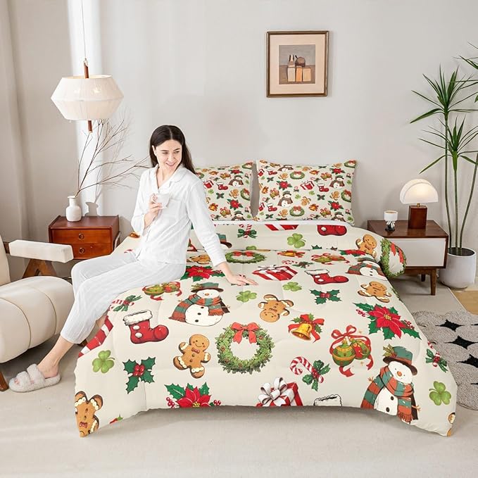 jejeloiu Merry Christmas Comforter Set Queen Size Cute Snowman Bedding Set for Kids Boys Girls Gingerbread Man Duvet Quilt Beige Bedroom Decor
