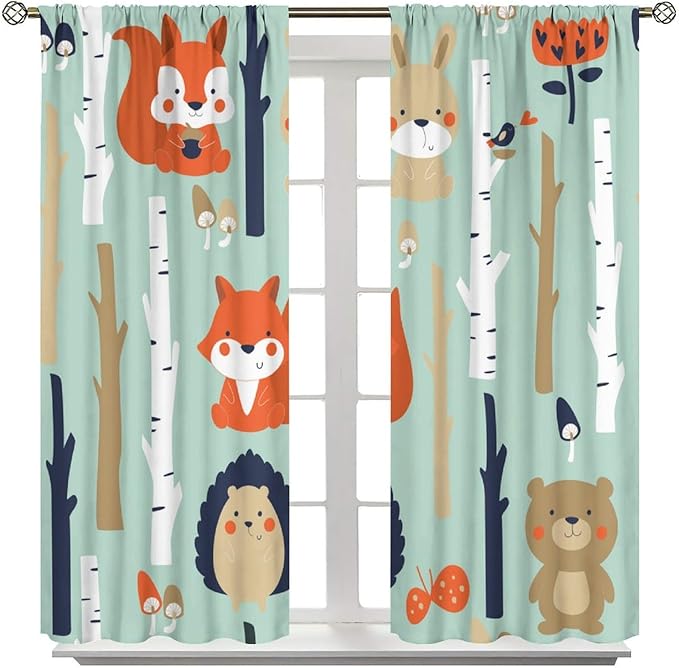 Cute Animals Curtains, Cartoon Fox Hedgehog Hare Forest Trees Window Treatments, Rod Pocket Thermal Insulated Drapes 2 Panel Sets for Kids Bedroom Nursery Classroom, 42" W X 45" L【Decor】