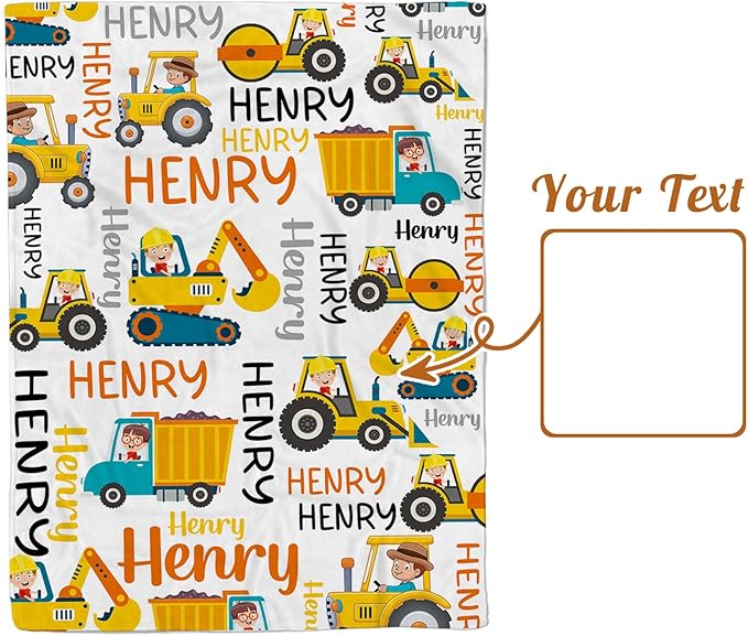 Personalized Baby Blankets for Boys, Custom Name Blanket Birthday Gift for Kid, Soft Flannel Blanket with Dotted Backing for Infants Toddlers, Customized Gifts, Yellow Truck(60" x80)