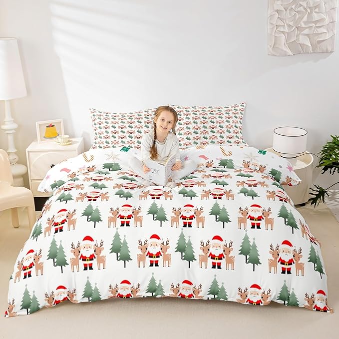 Feelyou Christmas Duvet Cover Cartoon Santa Claus Bedding Set for Kids Boys Girls Teens Room Decor Cute Deer Christmas Tree Comforter Cover Set Xmas Theme Bedspread Cover 3Pcs Zipper Full Size