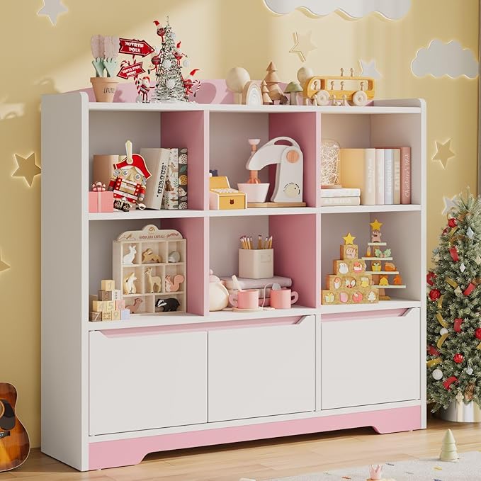 Kids Bookshelf and Toy Organizer, 2 Tier Kids Book Shelf for Kid Rooms with 2 Doors, 6 Cubes Storage Organizer,Wood Children Bookcase,Freestanding Toddler Book Display Shelf for Playroom WhitePink