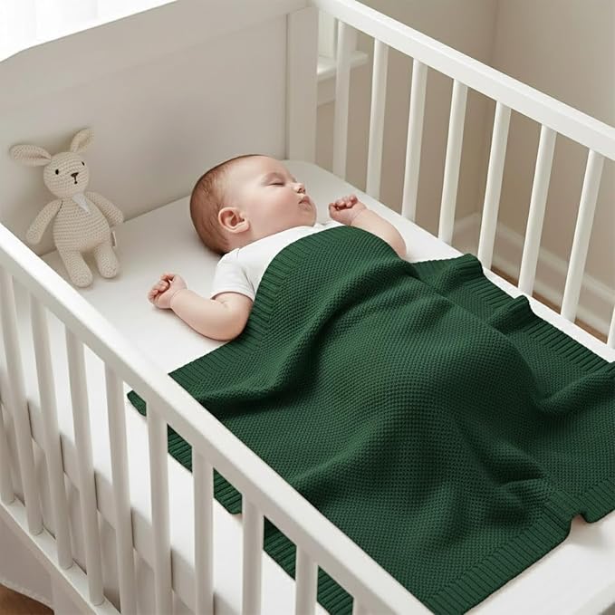 Baby Knit Blanket Soft Cotton Lightweight Newborn Blanket for Crib Stroller Toddler Nursery Shower Gift Cozy Breathable Travel Swaddle Wrap Green 30 x 40 Inches