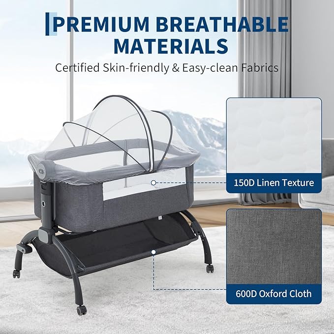 Bedside Bassinet Baby Bassinet, 3 in 1 Bedside Sleeper with Baby Co-Sleeper Travel Crib with Detachable Mosquito Net & Storage Basket | Adjustable Height, Wheels Included