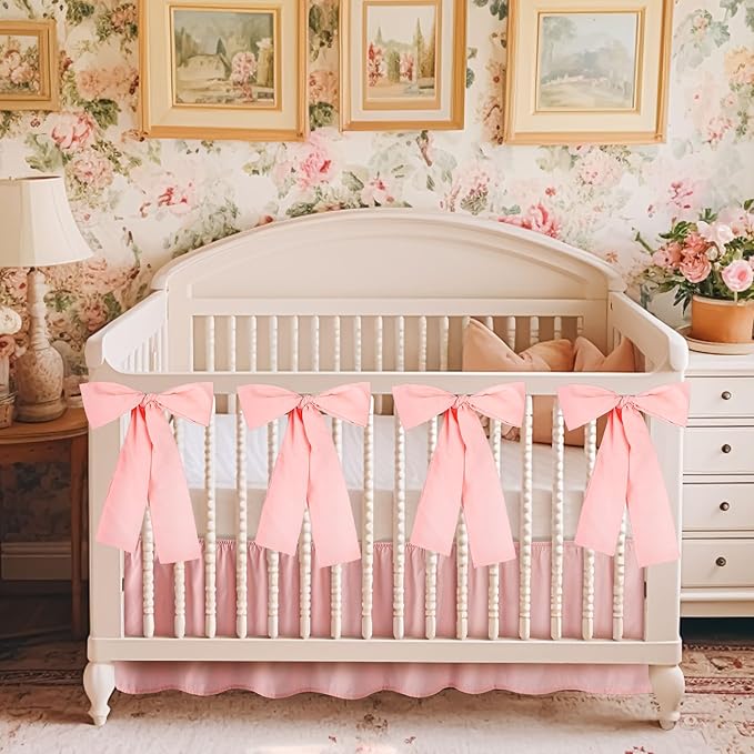 Pink Crib Bed Skirts with 4 Large Cot Bow 28" x 52" Baby Crib Skirt for Boys Girls Nursery Toddler Bedskirt Dust Ruffle 14" Drop