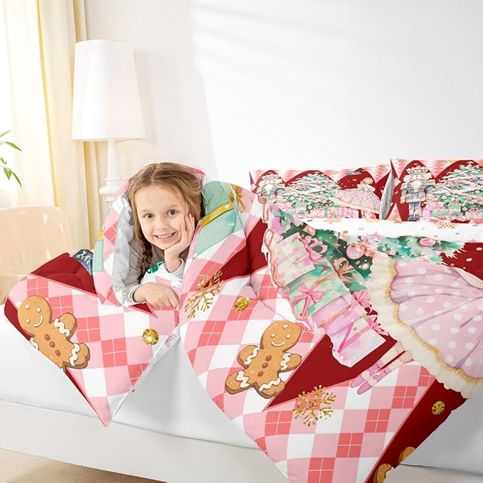 jejeloiu Christmas Nutcracker Comforter Set King Size Gingerbread Man Bedding Set for Kids Boys Girls Xmas Tree Duvet Quilt Red Bedroom Decor