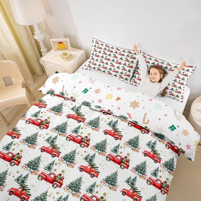 Feelyou Christmas Duvet Cover Boys Christmas Tree Bedding Set for Kids Teens Ultra Soft Cartoon Car Comforter Cover Set Watercolor Xmas Theme Bedspread Cover Room Decor King Size Bedclothes Zipper