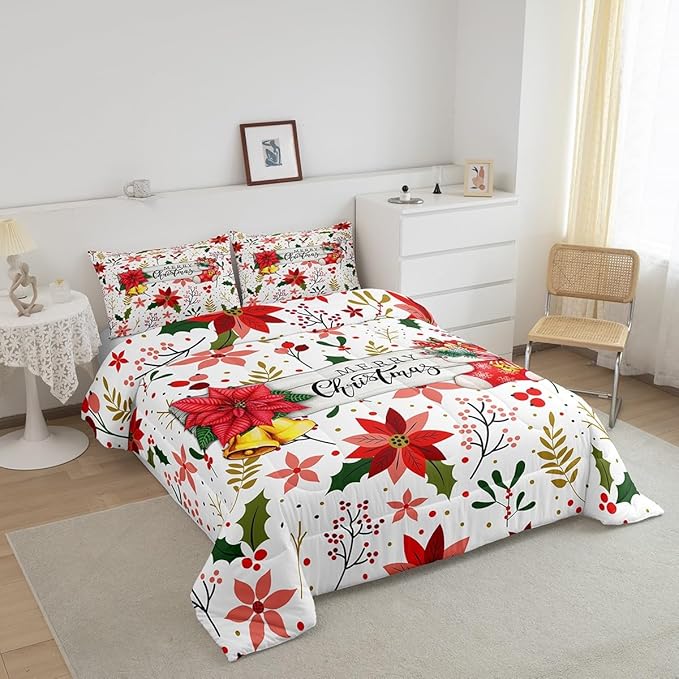 Castle Fairy Merry Christmas Full Size Comforter Set,Red Xmas Flowers Berry Leaves Plant Bedding Comforters Bedroom Collection,Floral Themed Bell Socks Print Bedding Set for Girls Teens
