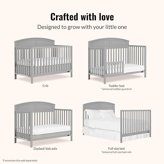 Dream On Me Storybrooke 5-in-1 Convertible Full-Size Baby Crib in Pebble Grey, GreenGuard Gold & JPMA, Convert to Toddler, Day & Full-Size Bed, Sustainable Pinewood, 3 Mattress Heights