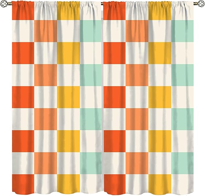 70s Retro Curtains,Cute Green Pink Yellow Checkered Hippie Window Treatments for Kids Girl Bedroom Window 72"" W X 63"" L, Style-7