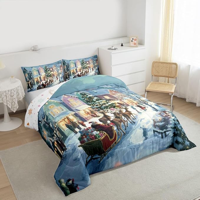 Feelyou Watercolor Christmas Comforter Set Queen Size Santa Claus Bedding Set for Kids Boys Girls Reindeer Sled Duvet Quilt Xmas Tree Bedroom Decor Microfiber 3 Pcs with 2 Pillow Cases