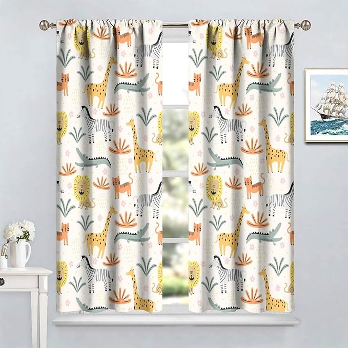 Wild Animals Curtains, Cute Cartoon Animals Zoo with Lion Zebra Crocodile Cat and Giraffe Tropical Jungle Plant Print Window Treatments for Kids Boys Girls Bedroom Living Room 63x63in
