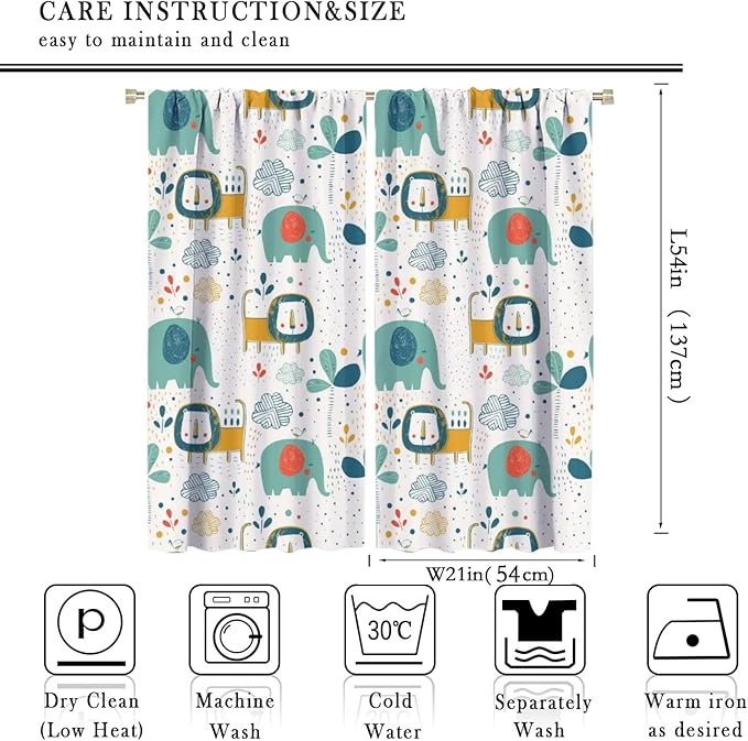 Cute Lions Blackout Curtains for Kids Bedroom,Cartoon Tropical Plants Birds Elephants Print Pattern Window Drapes,Funny Animal Thermal Insulation Curtain for Nursery Baby Room 42x54 Inch
