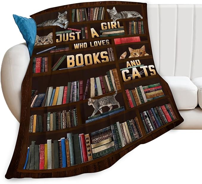 Cute Cat Blanket Just a Girl Who Loves Books and Cats Throw Blankets for Kids Teens Adults Warm Soft Lightweight Plush Funny Animal Print Fleece Flannel Throws Bedding Reading Gifts for Girls 60"x50"