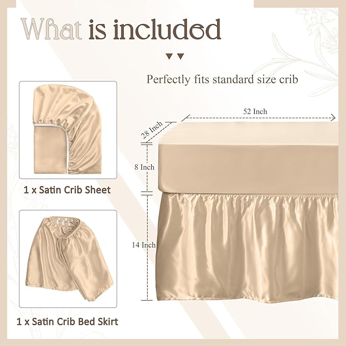 SiinvdaBZX 2-Piece Set Satin Crib Sheets & Crib Bed Skirt, 52" x 28" Silky Soft Ruffled Baby Crib Skirt with Adjustable Elastic 14" Drop, Fit for Standard Crib & Toddler Bedding (Beige)