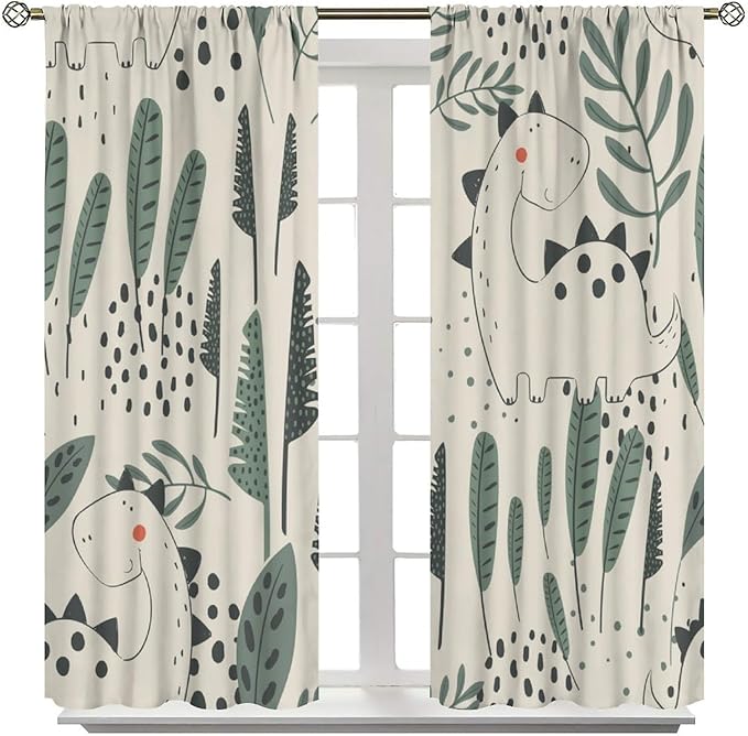 Dinosaur Curtains, Cute Dino Tropical Leaves Plant Beige Green Blackout Window Treatments, Rod Pocket Thermal Insulated Drapes 2 Panel Sets for Children Bedroom Nursery Classroom, 42" W X 63" L