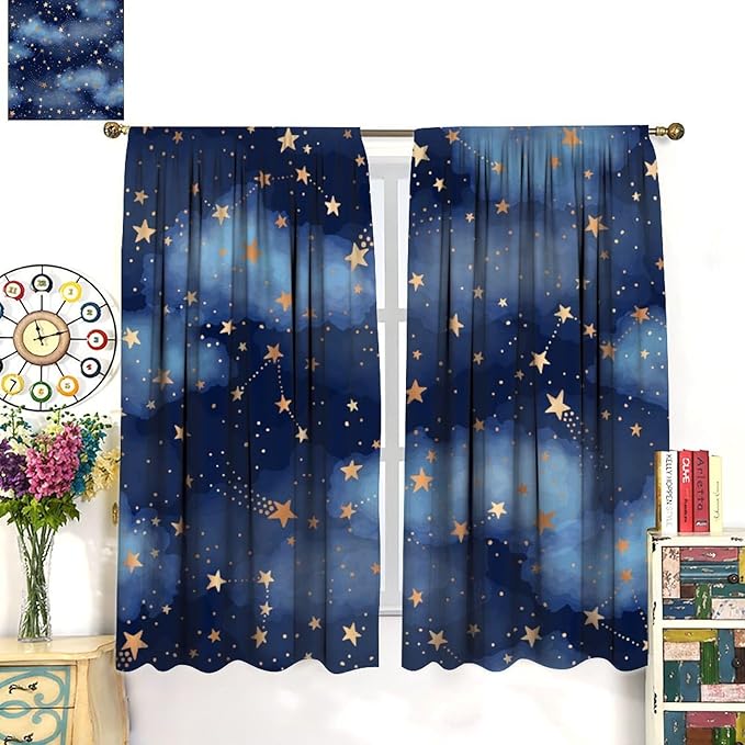 Starry Sky Blackout Curtains, Starry Scenery Blue Night Sky Stars Window Drapes for Kids Boys Girls Bedroom Living Room 42" W X 54" L