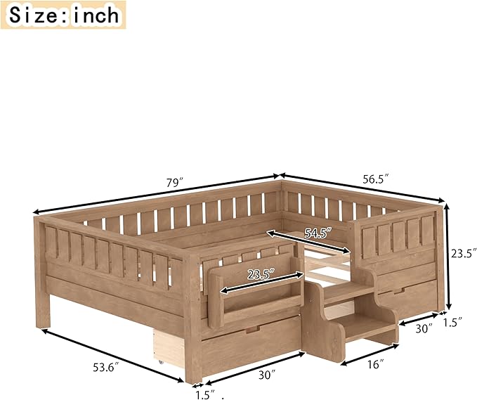 Bellemave Full Size Kids Bed with high Rails and with Built-in Bookshelf and Drawers for Kids, Girls, Boys, Wood Montessori Bed Without Door, Natural