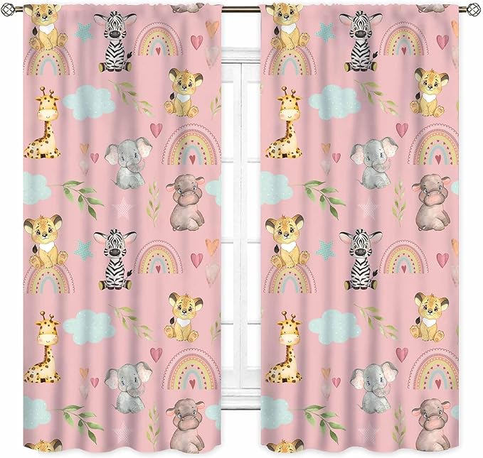 Kids Safari Animals Curtains, Cartoon Giraffe Elephant Monkey Woodland Jungle Pink Window Drapery Treatments for Boys Girls Baby Living Room Bedroom Nursery Classroom 2 Panels, 84"x84" Inch