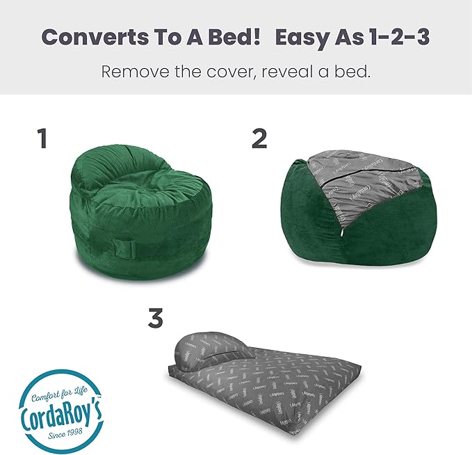 CordaRoy's NEST Gaming Bean Bag Chair-Convertible Bean Bag Chair -Washable Chenille Cover with Pockets for Remote,Controllers-for Living Room,Basement-Queen Size-Rainforest|Made in The USA