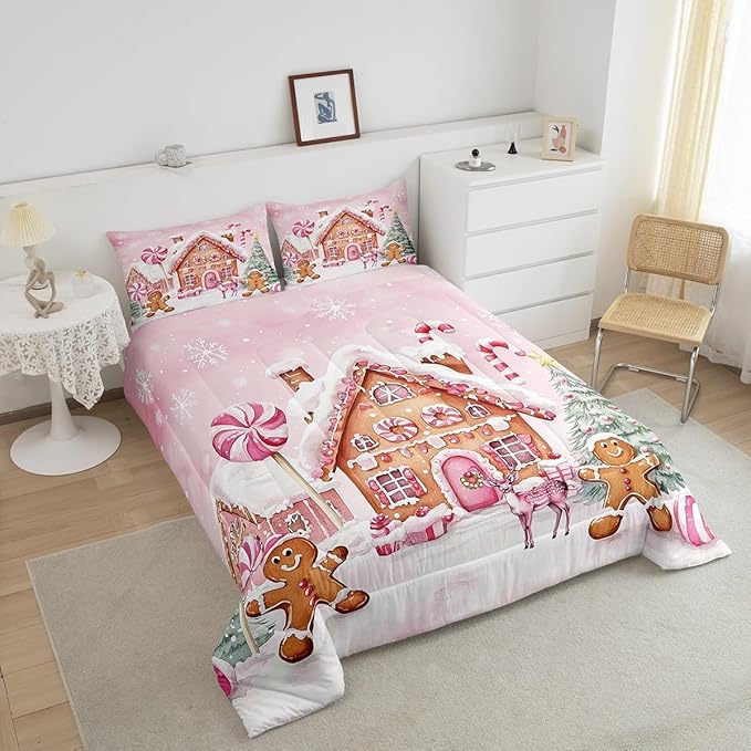 Gingerbread House Kids Comforter Set King Size,Gingerbread Man Xmas Tree Cabin Deer Bedding Set,Girls Women Room Decor,Christmas Snowflake Down Comforter,Pink Brown Duvet Insert,2 Pillowcases