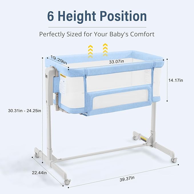 Baby Bassinet Bedside Sleeper 3-in-1, Easy Night Feeding with One-Side Fold & Rolling Wheels, Breathable Mesh, 6-Height Adjustable, Soft Mattress for Newborns