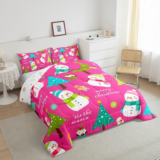 Erosebridal Christmas Kids Comforter Set Cartoon Snowman Quilts for Boys Girls Adults Xmas Tree Bedding Set Cartoon Snowflake Bedroom Decor Duvet Insert Twin Size