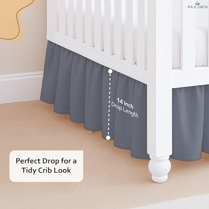 Rajlinen Ruffled Crib Bed Skirt, Microfiber, Dust Ruffle with Split Corners, 14" Drop, Nursery Toddler Bedding for Baby Boys or Girls, Dark Grey