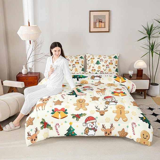 Feelyou Merry Christmas Kids Comforter Set Full Size Gingerbread Man Bedding Set Cute Deer Duvet Quilt for Kids Boys Girls Bedroom Christmas Tree Decor Microfiber Ultra Soft Breathable