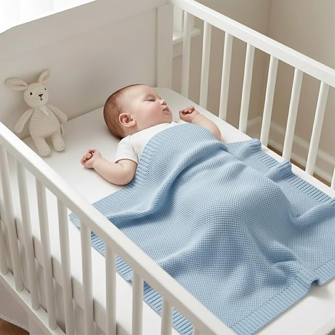 Baby Knit Blanket Soft Cotton Lightweight Newborn Blanket for Crib Stroller Toddler Nursery Shower Gift Cozy Breathable Travel Swaddle Wrap Baby Blue 30 x 30 Inches