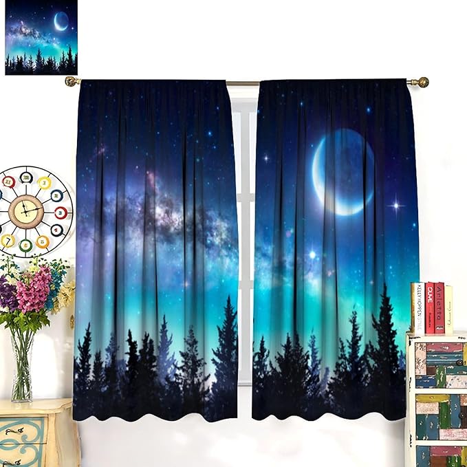 Galaxy Forest Blackout Curtains, Night Starry Sky Stars Moon Aurora Borealis Window Drapes for Bedroom Living Room Home Decor 42" W X 45" L
