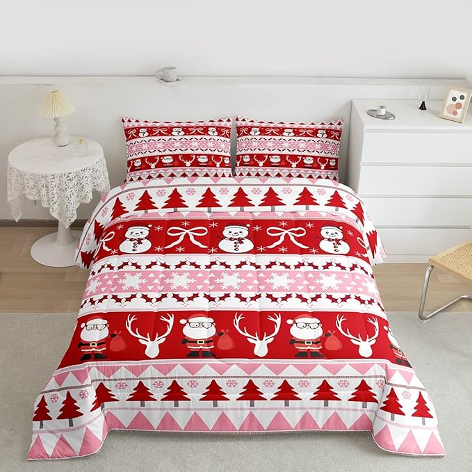 Feelyou Merry Christmas Tree Kids Comforter Set King Size Cute Snowman Bedding Set Santa Claus Duvet Quilt for Kids Boys Girls Bedroom Cartoon Bowknot Decor Microfiber Ultra Soft Breathable
